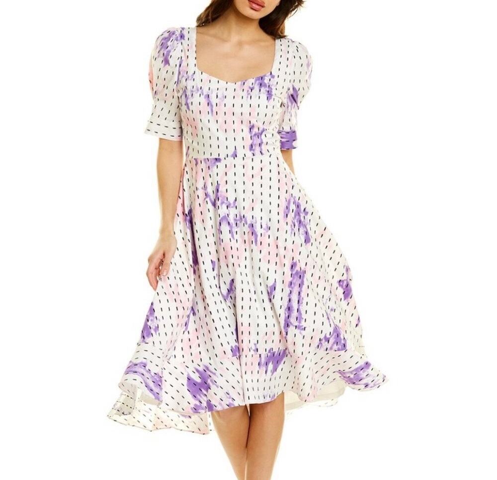 NWT BCBGeneration White Print Puff Sleeve A-Line Midi Dress Women’s Size 8